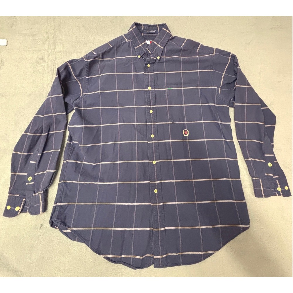 Tommy Hilfiger Mens Navy Windowpane Plaid Cotton Button Down Shirt Size M